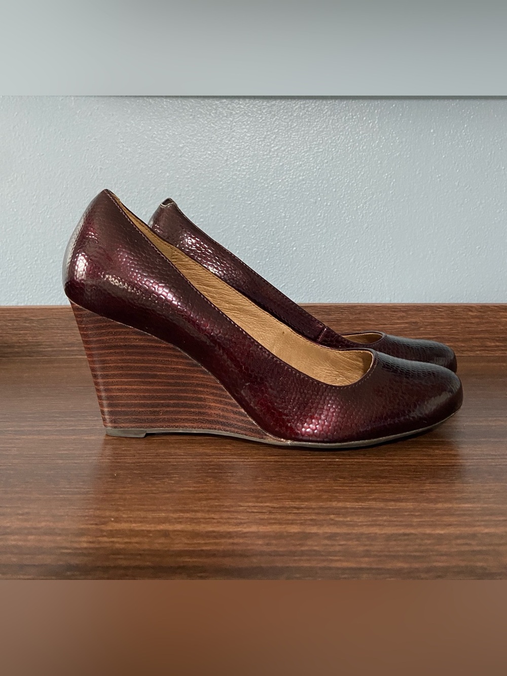 Clarks Artisan Purity, Burgundy Textured Leather Wedge Pumps